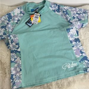 NWT Realm Women’s Rashguard Small Hawaiian Blue Aqua Floral Swim Shirt